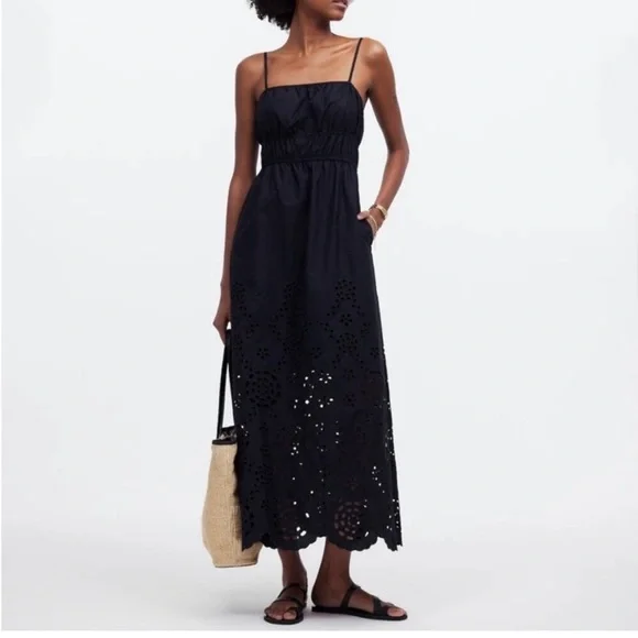 madewell black embroidered dress Madewell Embroidered Deep V Neck Midi Dress